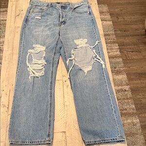 Aeropostale 90's Baggy Light Blue Jeans Ripped Knees Size 14 Button Fly